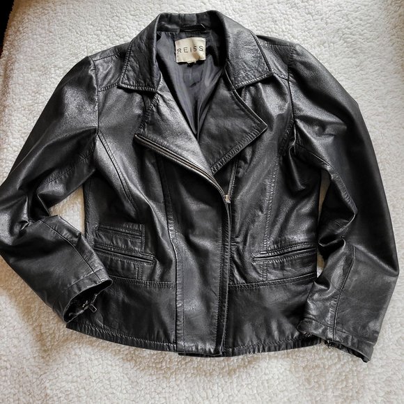 Reiss Jackets & Blazers - Reiss Black Lamb Leather Moto Biker Jacket M